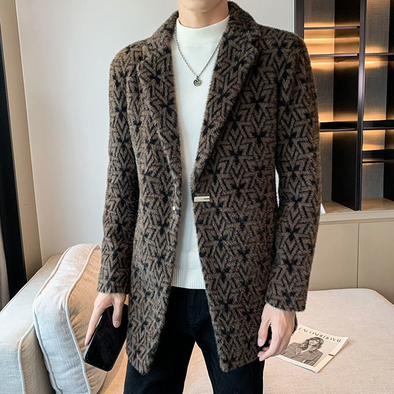 Notch Lapel Geometric Pattern Coat