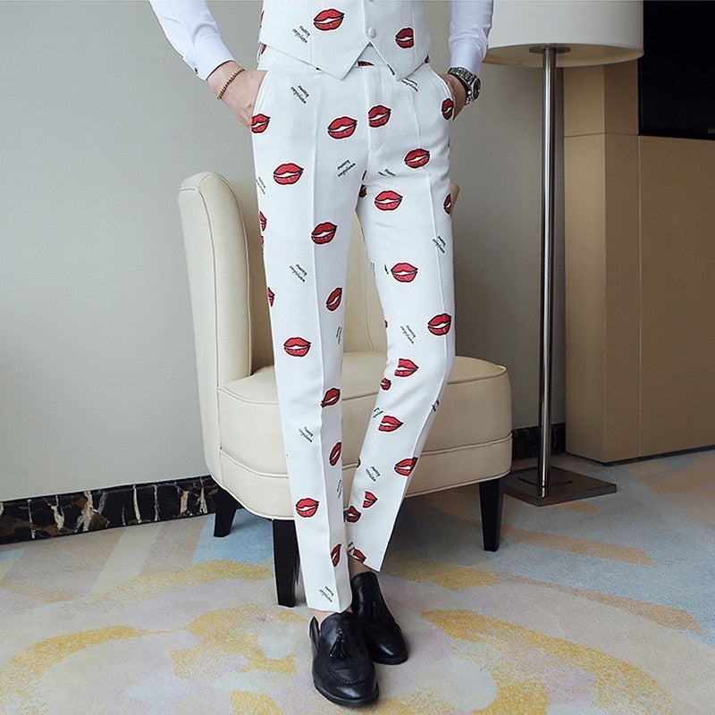 White with Red Lip Pattern Slim Fit Style Men Pants