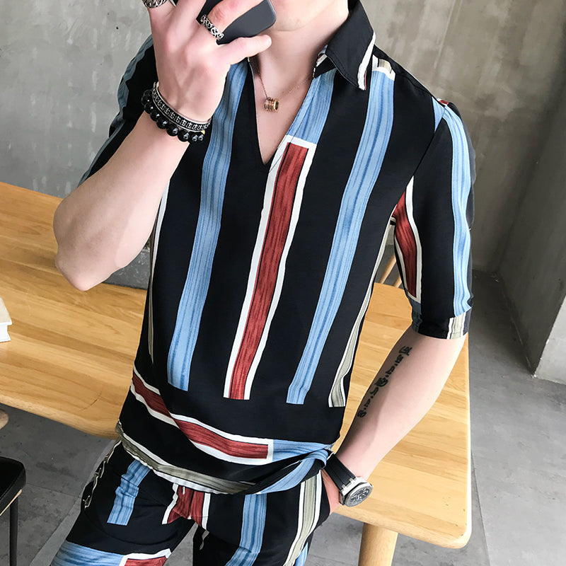 Colorful Stripe Men Shirts And Short Pants Set - FanFreakz