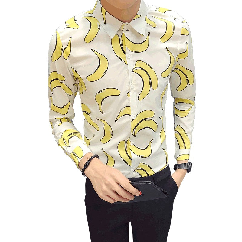 Fun Banana Print Turn Down Collar Men Slim Fit Shirt - FanFreakz