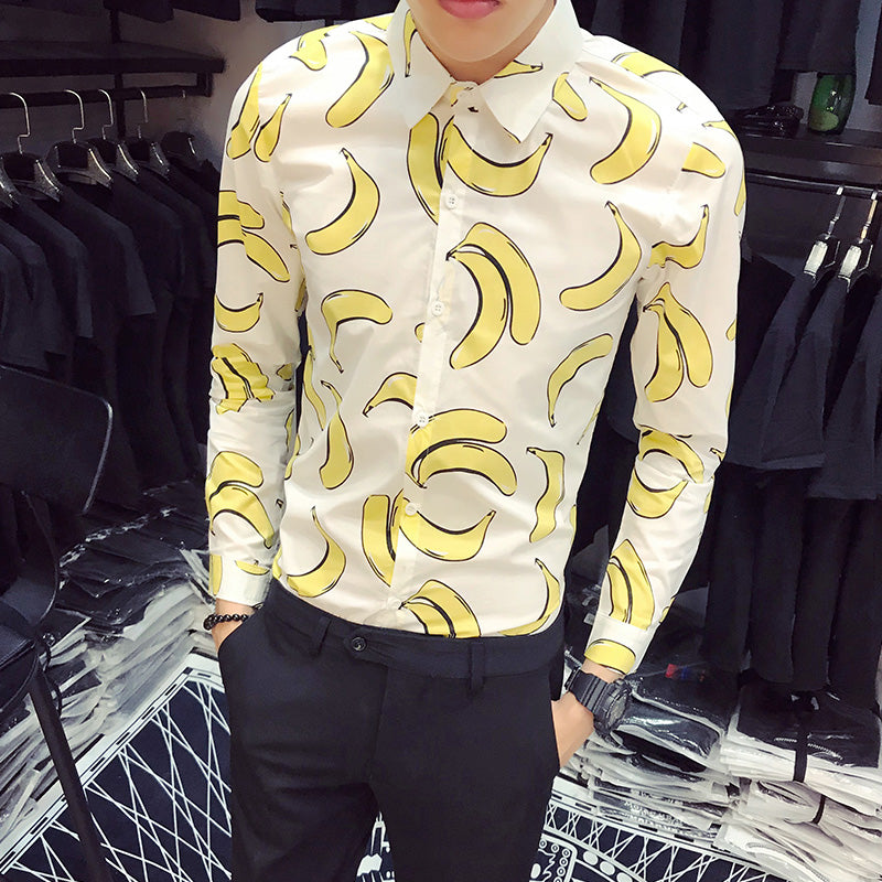 Fun Banana Print Turn Down Collar Men Slim Fit Shirt - FanFreakz