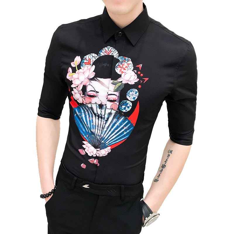 Japanese Beauty Lady Print Men Slim Fit Shirt