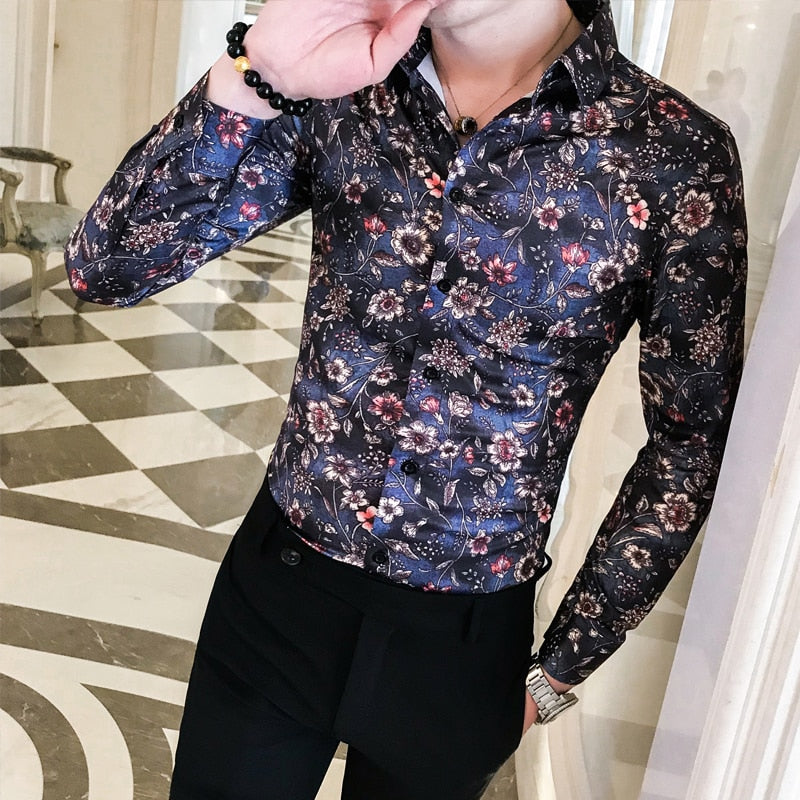 Floral Bloom Print Slim Fit Style Men Long Sleeves Shirts