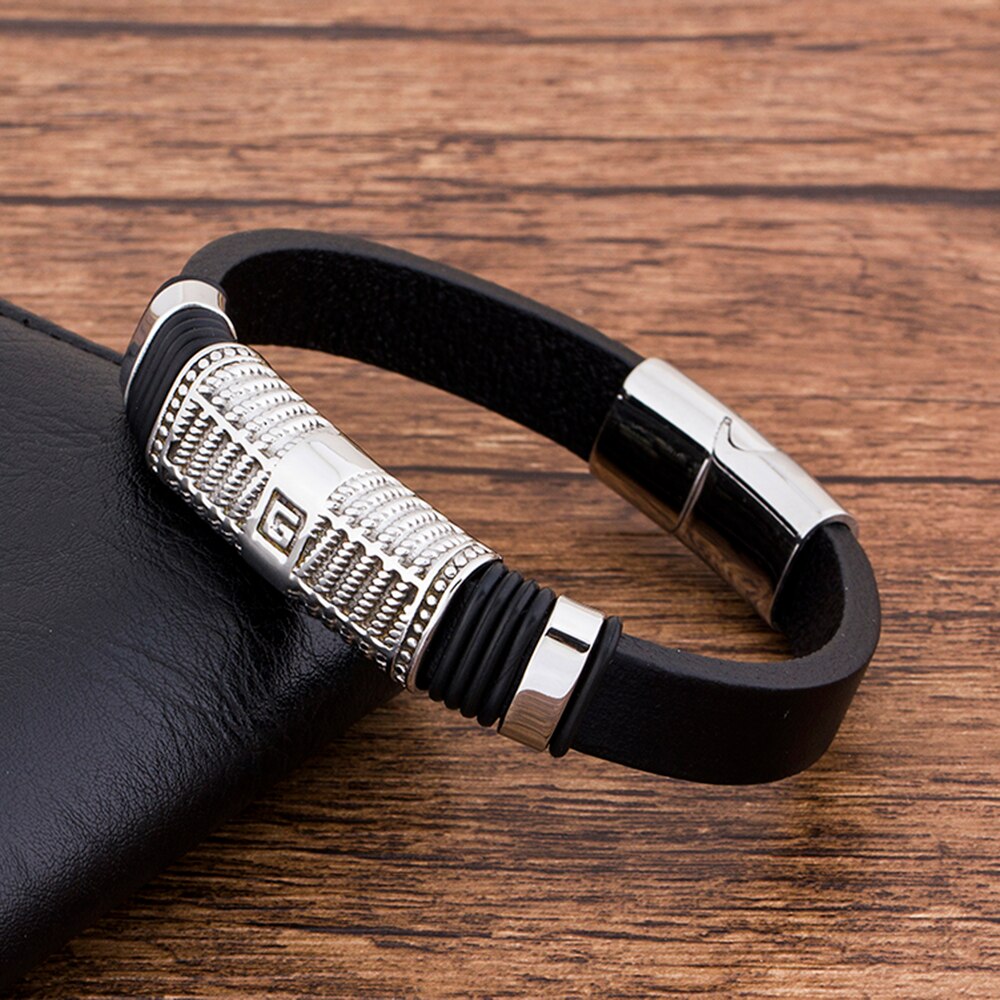 Simple Geometric Stainless Steel Black Leather Men Bracelet