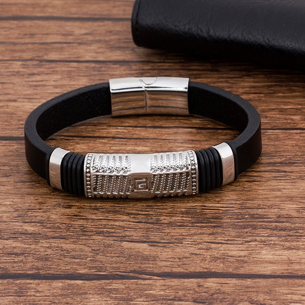 Simple Geometric Stainless Steel Black Leather Men Bracelet