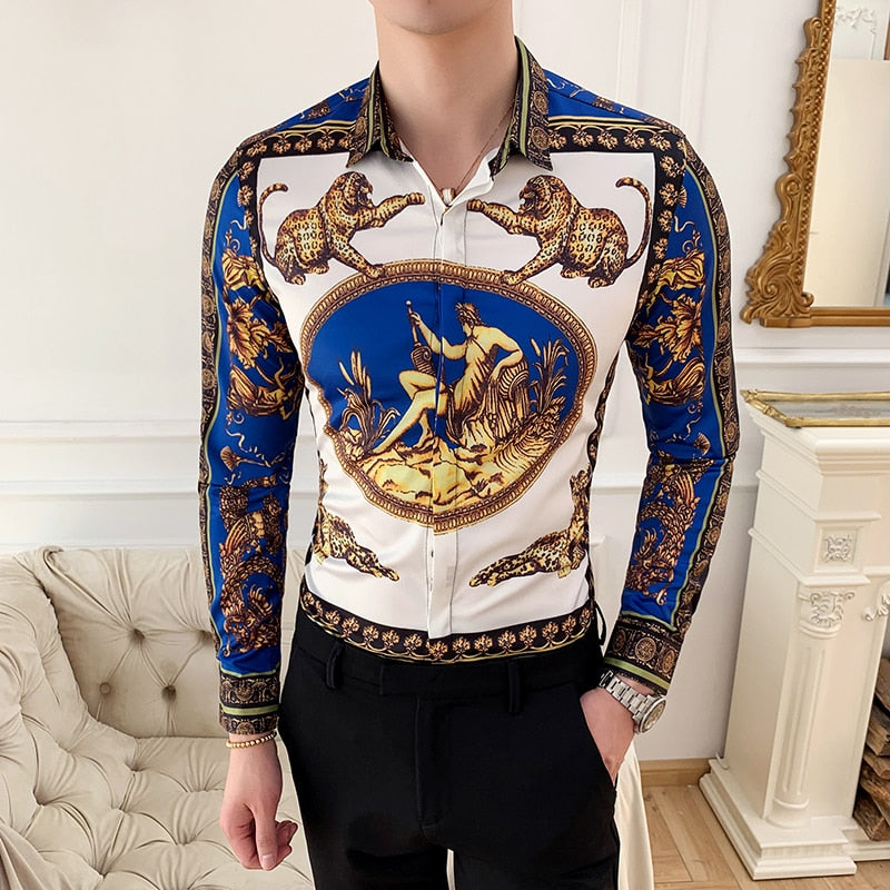 White Blue Painting Print Slim Fit Style Men Shirt