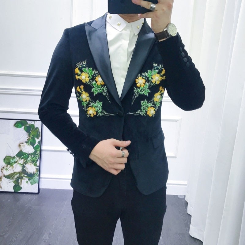 Yellow Flower Patch Embroidery Detail Men Blazer