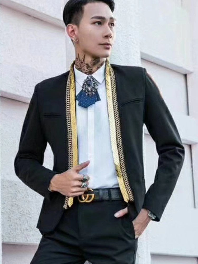 Gold Metal Long Collar Line Stylish Men Blazer