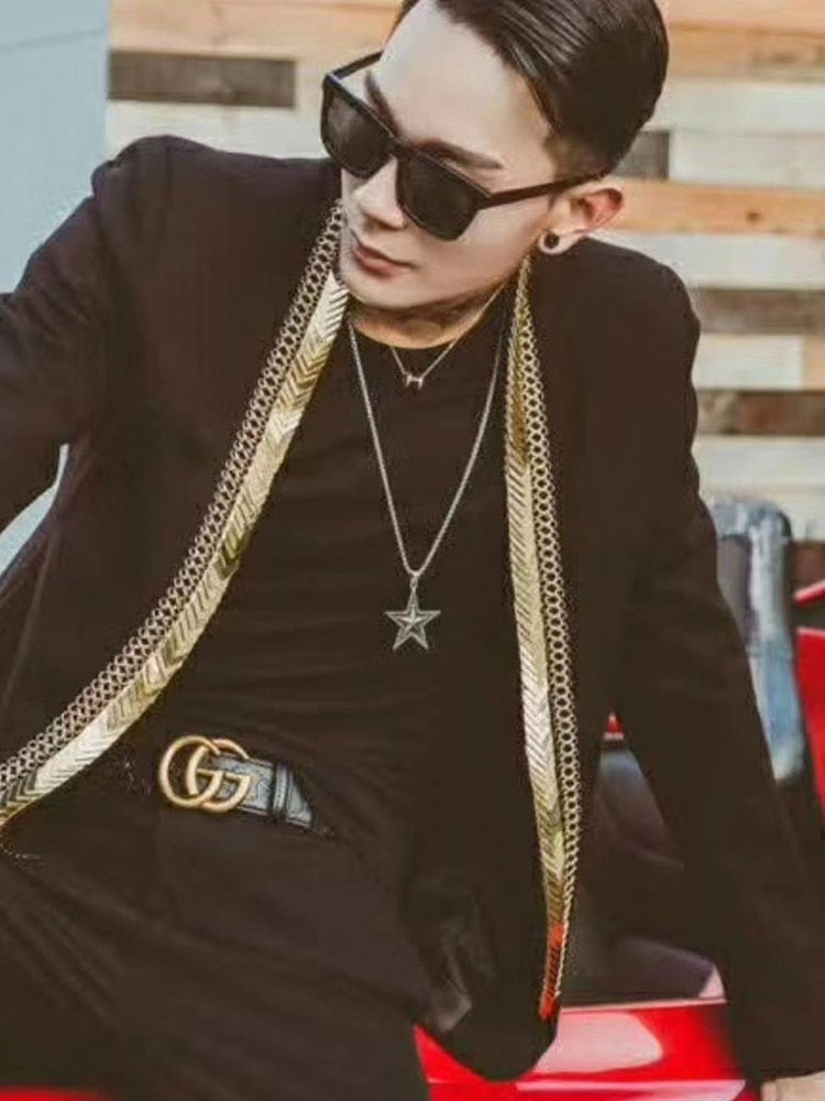 Gold Metal Long Collar Line Stylish Men Blazer