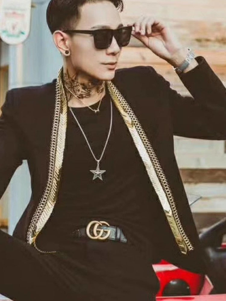 Gold Metal Long Collar Line Stylish Men Blazer