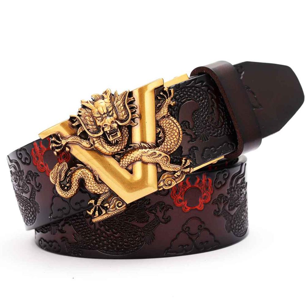 V Dragon Carved Buckle Men Leather Belt