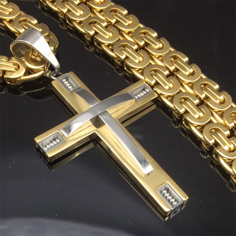 Byzantine Box Chain Link Gold/Silver Tone Men Stainless Steel Cross Pendant Necklace - FanFreakz