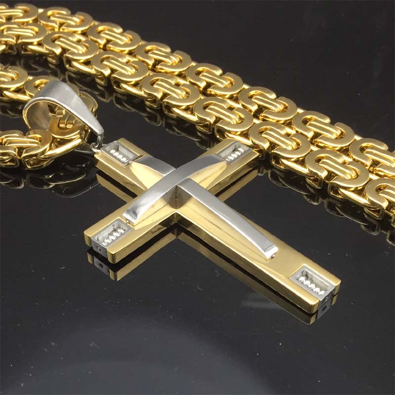 Byzantine Box Chain Link Gold/Silver Tone Men Stainless Steel Cross Pendant Necklace - FanFreakz