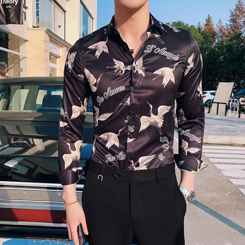 New Flamingo Pattern Printing Slim Fit Men Shirts