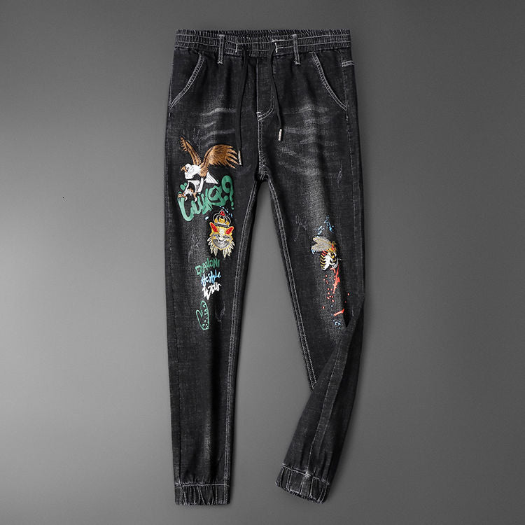 Eagle and Words Embroidery Decorated Black Jeans