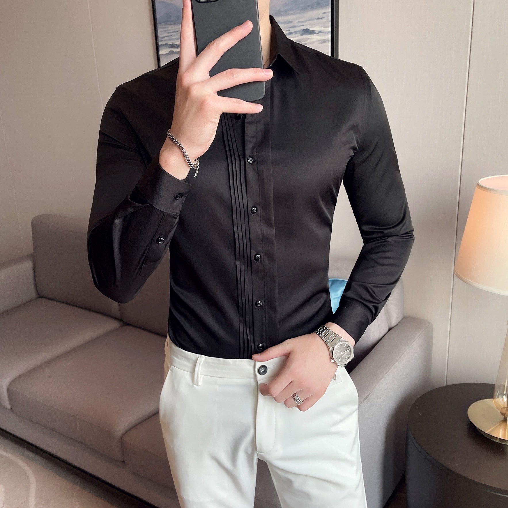 Simple Middle Chest Fold Design Slim Fit Shirt