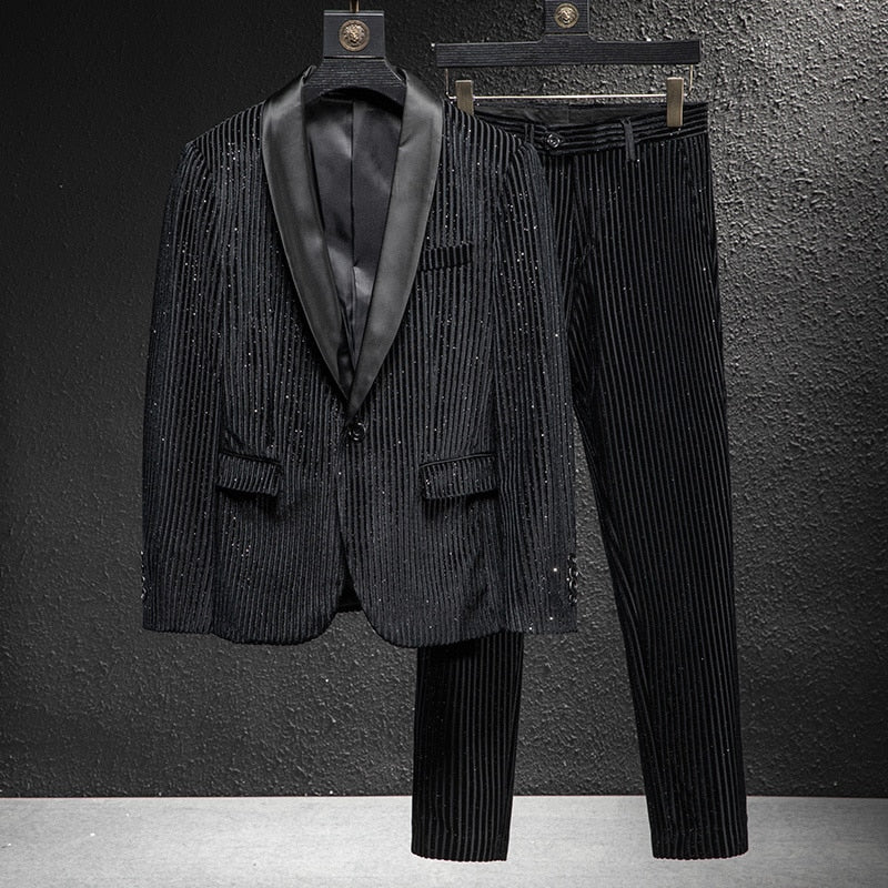 Vertical Glittering Stripes Decorated Black Suit Set