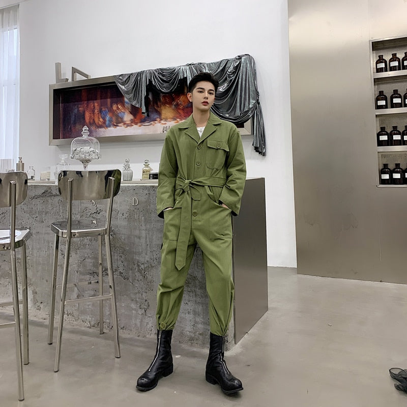Casual Harajuku Style with Waist Rope Men Jumpsuit Shirt - FanFreakz