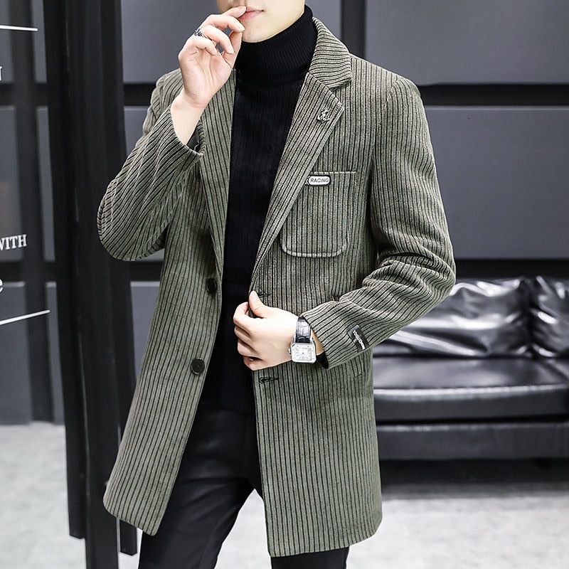 British Style Vertical Stripe Woolen Coat