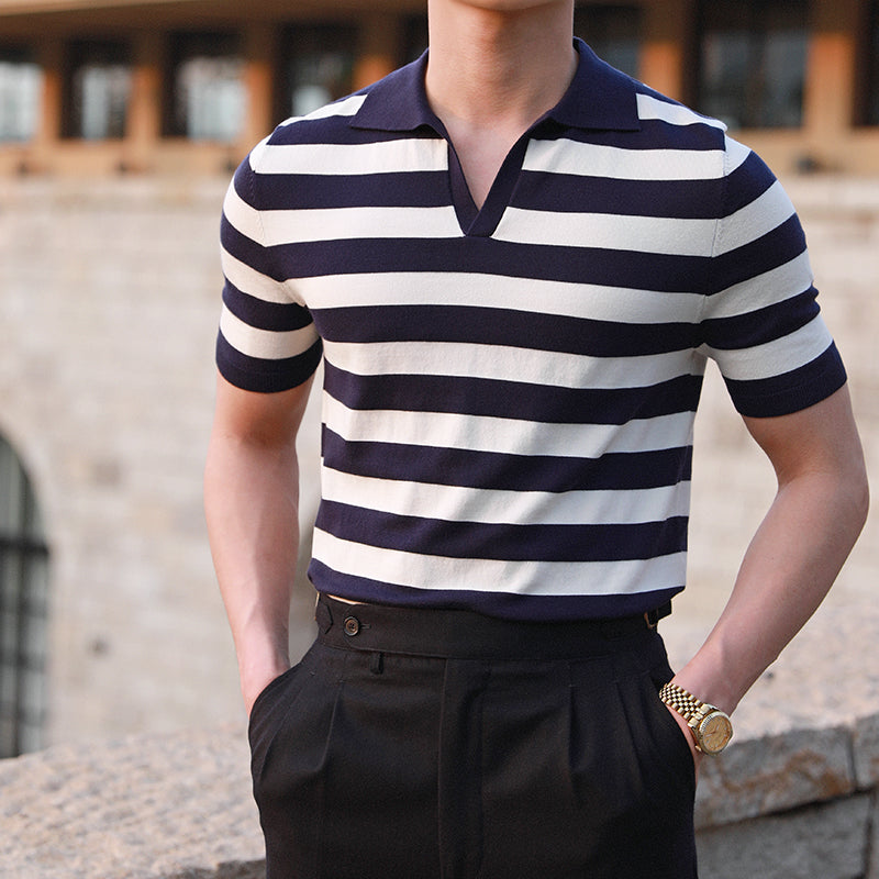 Blue Striped Viscose Polo Shirt