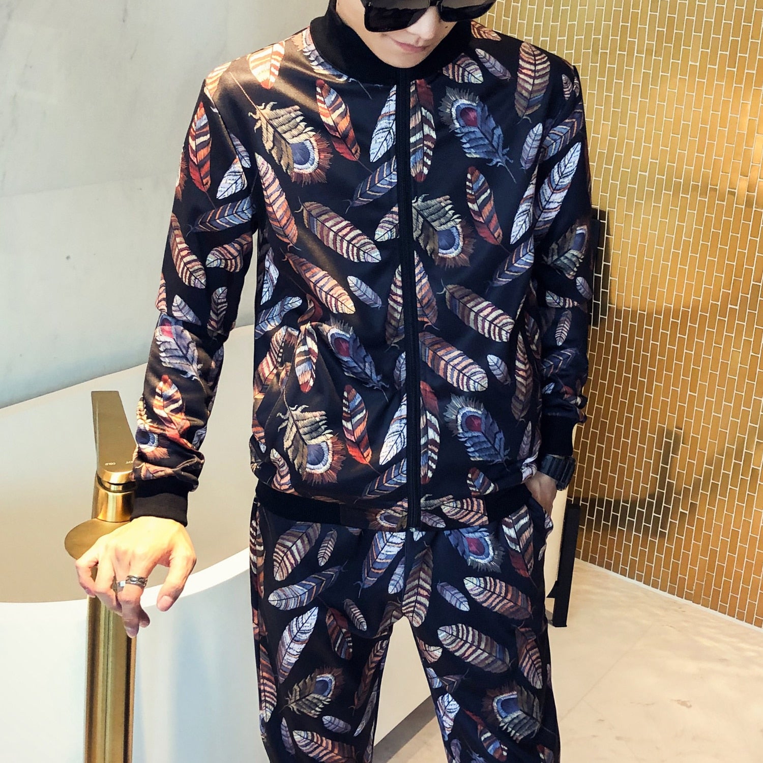 Korean Feather Mandarin Pattern Jacket + Pant Sets