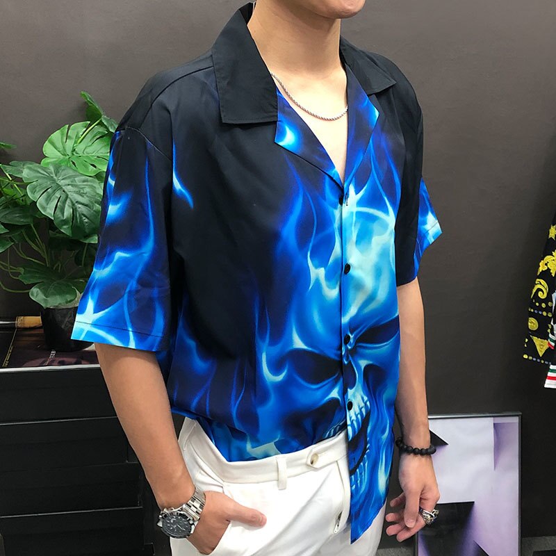 Blue Flame Skeleton Printing Shirt