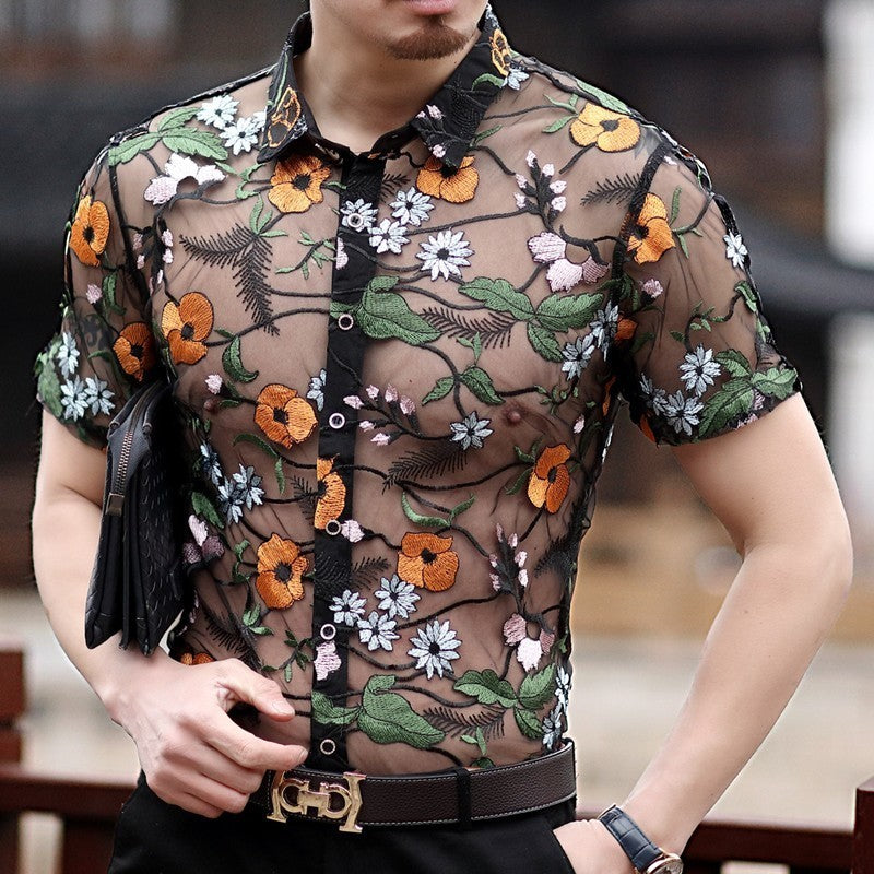 Orange Flower Embroidery See Through Men Short Sleeve Slim Fit Shirt - FanFreakz