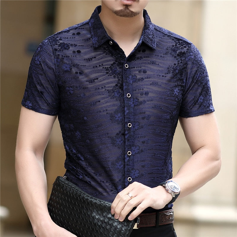 Burnout Floral Patterned Men Velour Semi Sheer Shirt