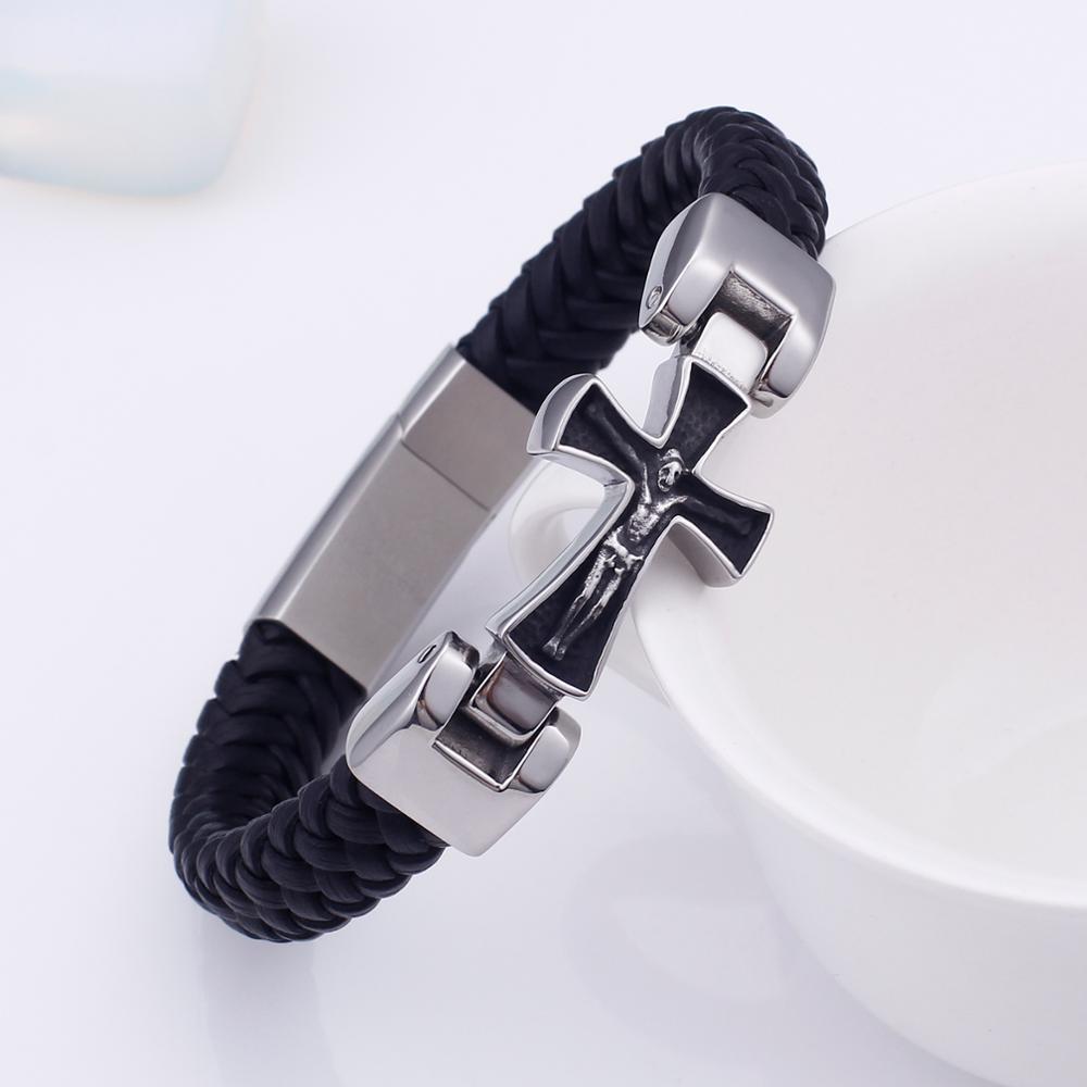 Braided Leather with Cross Stainless Steel Chain Men Bracelets