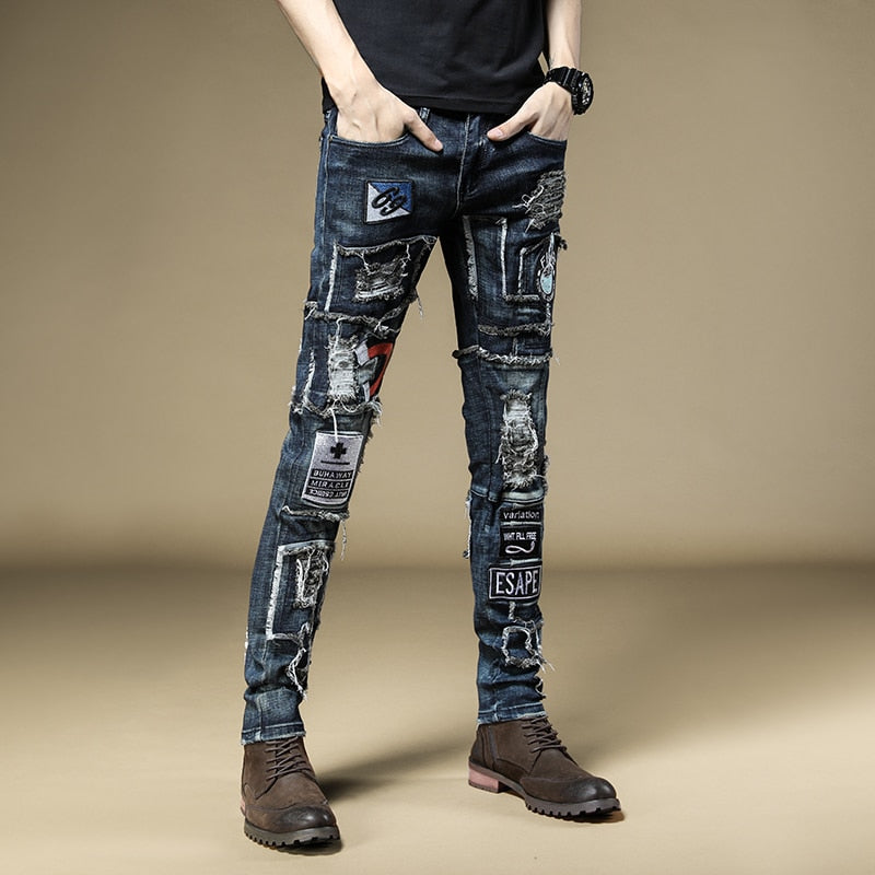 Letter and Number Patchwork Style Slim Jeans