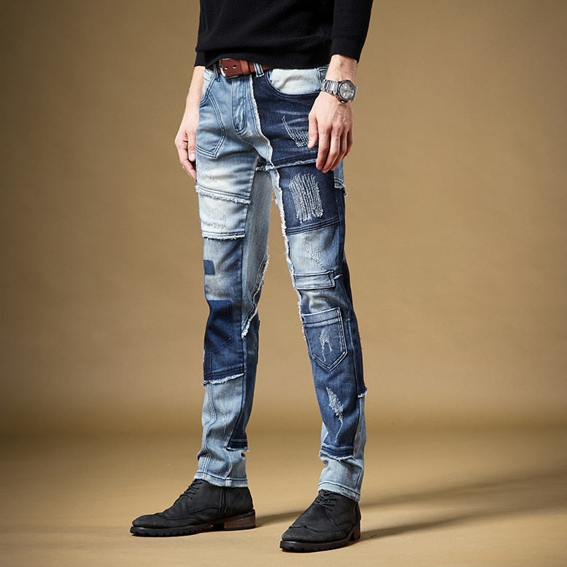 Irregular Full Patchwork Slim Straight Jeans