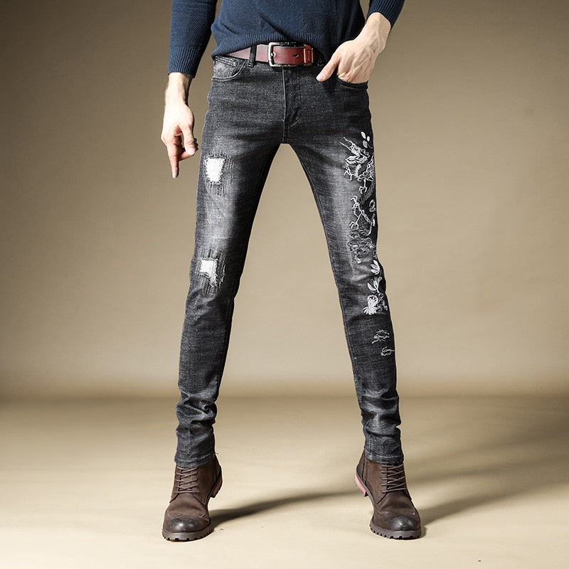 Dragon Monochrome Embroidery Men Tapered Leg Jeans