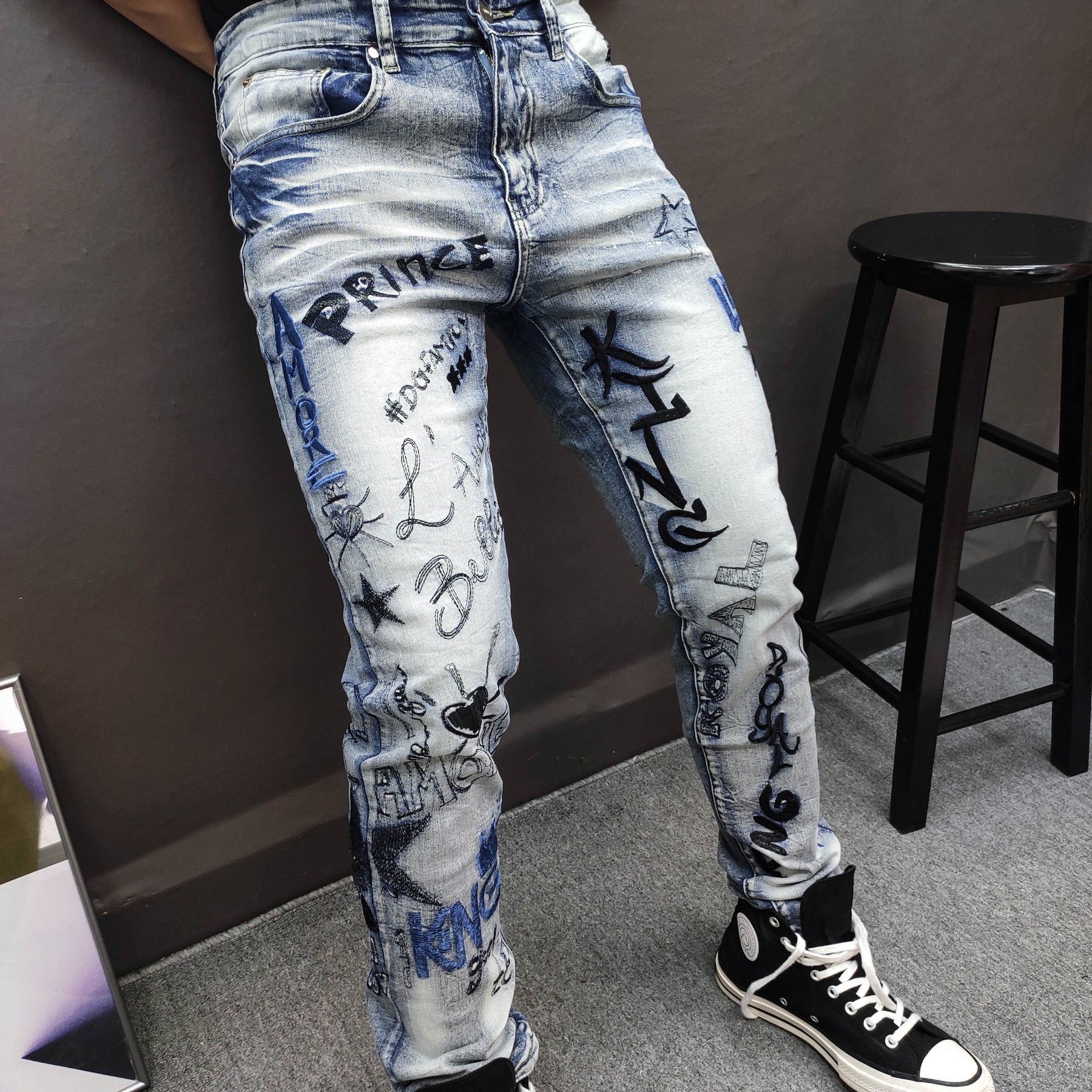 Full Embroidery Letter Tencel Jeans