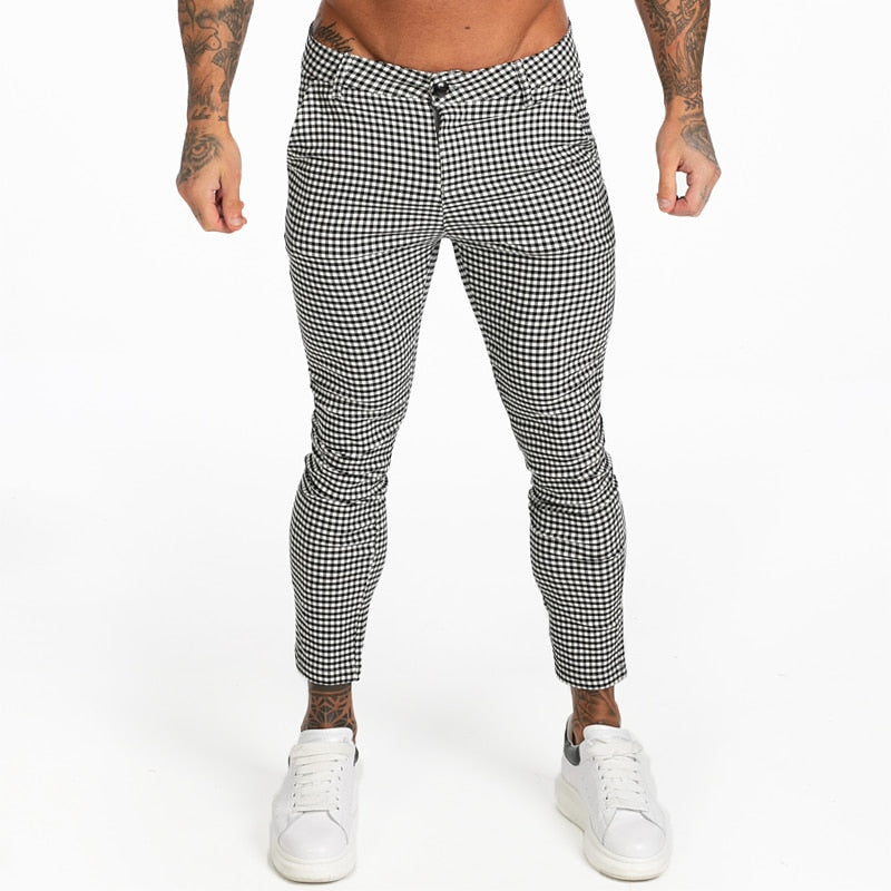 Cotton Stretch Skinny Fit Plaid Comfy Casual Style Men Pants