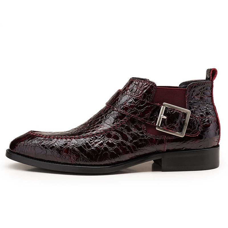 Pointed Toe Croco Pattern with Pin Buckle Design Men Ankle Boot