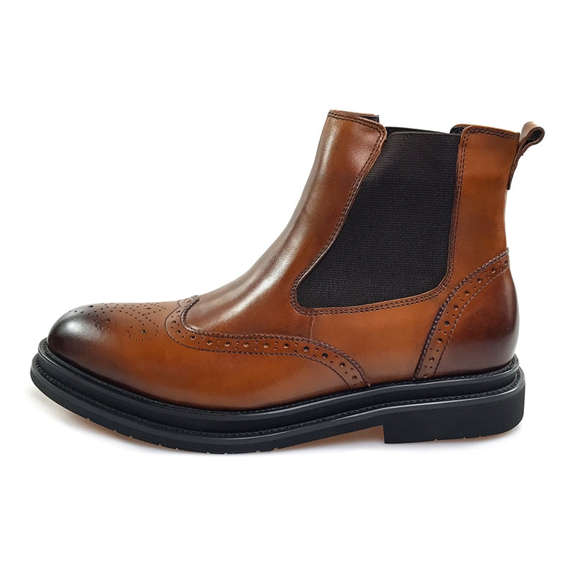 Classic Brown Leather Wingtip Men Chelsea Boots - FanFreakz