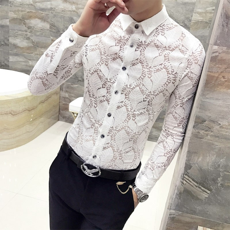 Petal Leaves Stylish Lace Long Sleeve Design Men Shirt