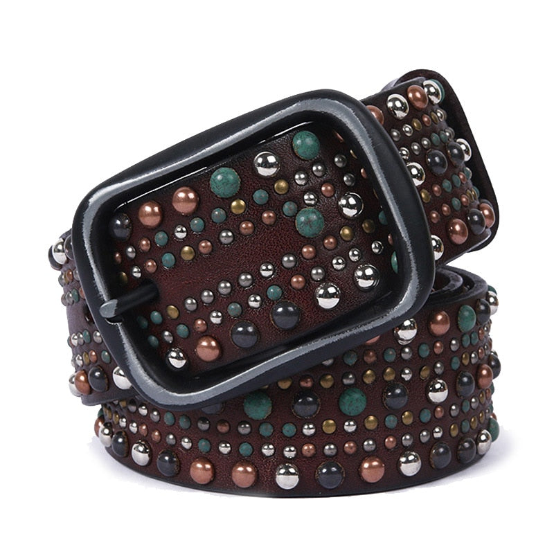 Geometric Pattern Beads Stitch Men Leather Belt