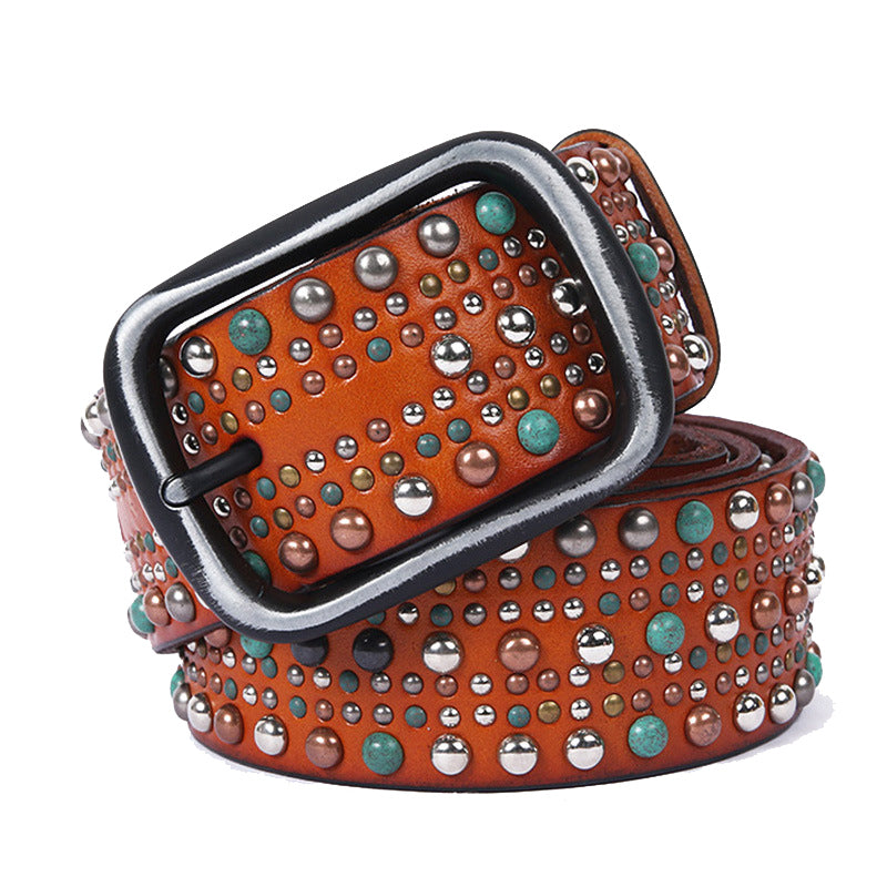 Geometric Pattern Beads Stitch Men Leather Belt