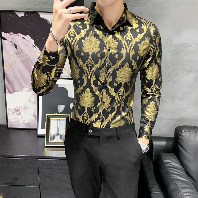 Gold Flower Shiny Printed Long Sleeve Shirt