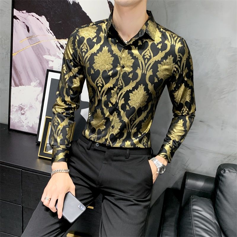 Gold Flower Shiny Printed Long Sleeve Shirt