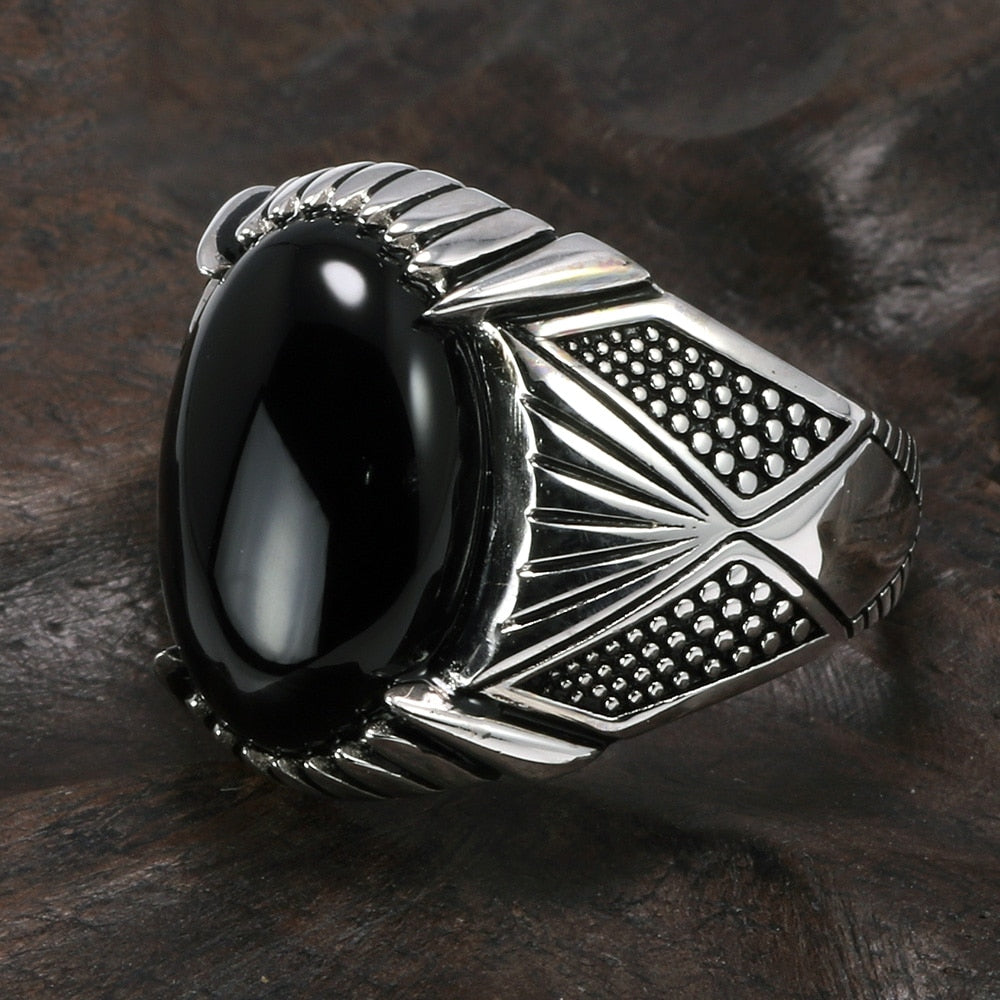 Sterling Silver Antique with Black Natural Stone Men Fashion Rings