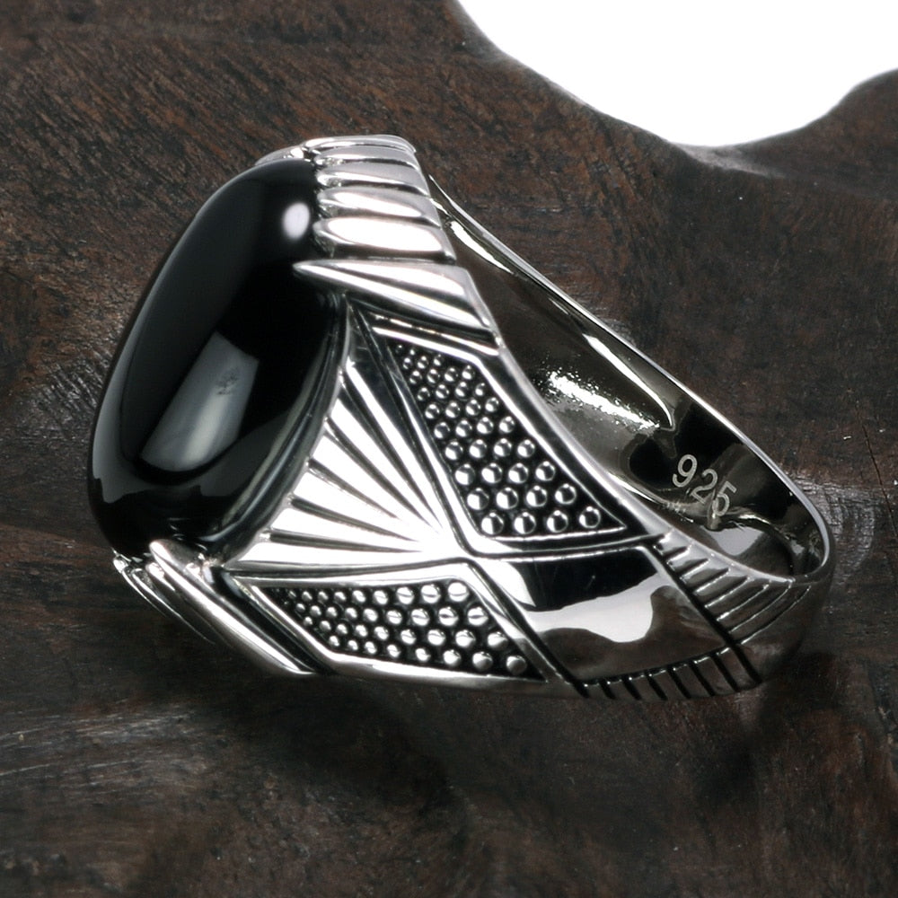 Sterling Silver Antique with Black Natural Stone Men Fashion Rings