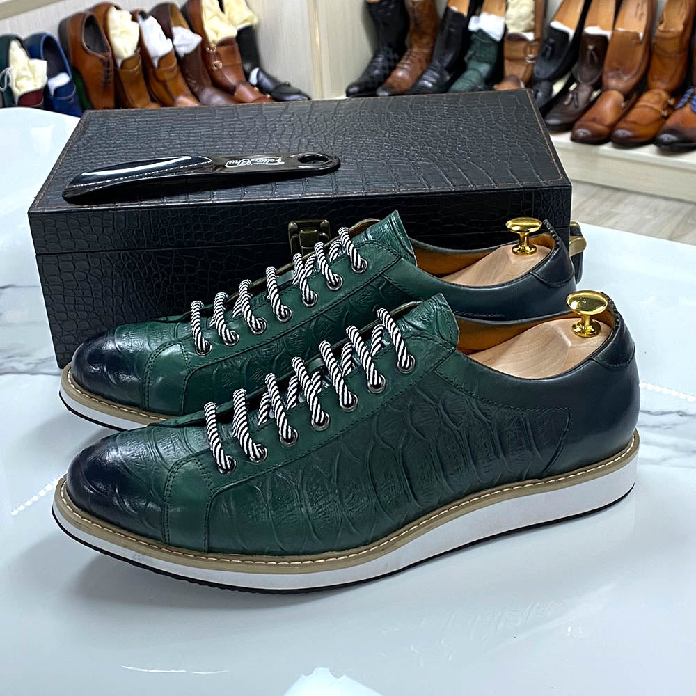 Emerald Crocodile Print Lace Sneakers