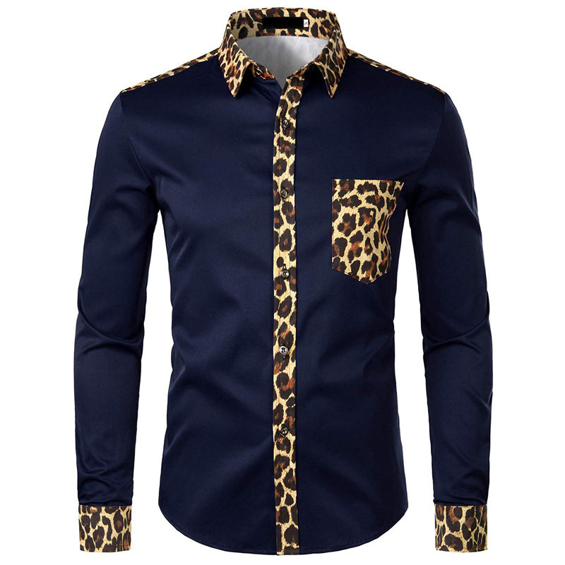 Mixed Leopard Print Pocket Men Long Sleeve Shirt