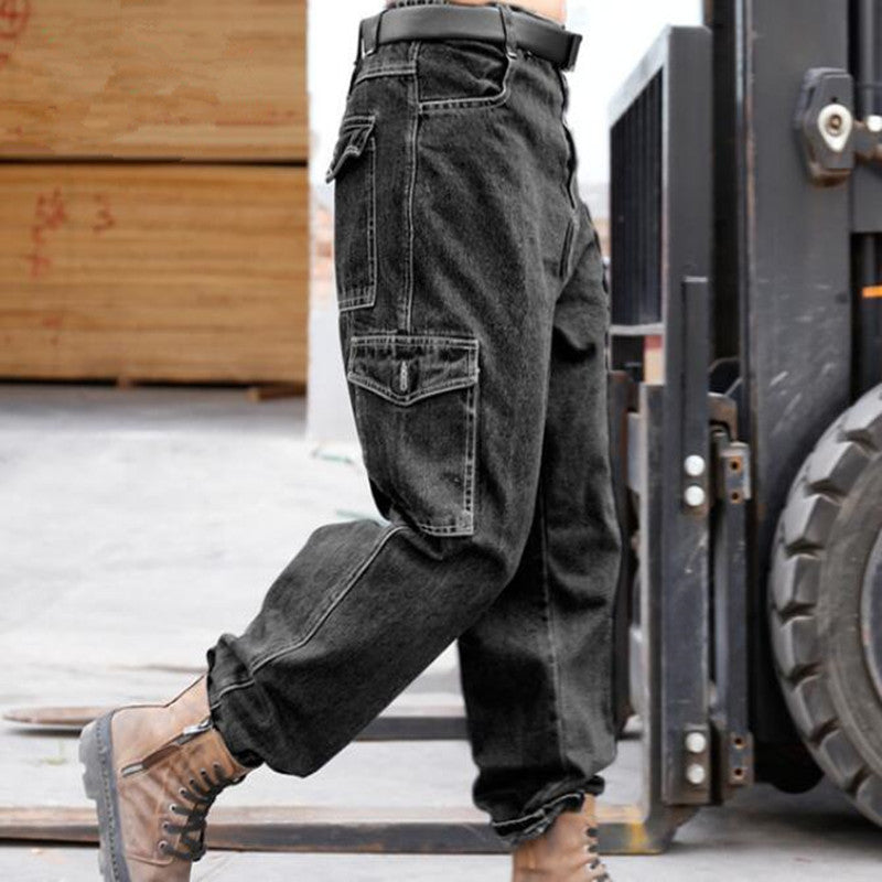 Solid Color Denim Cargo Pants