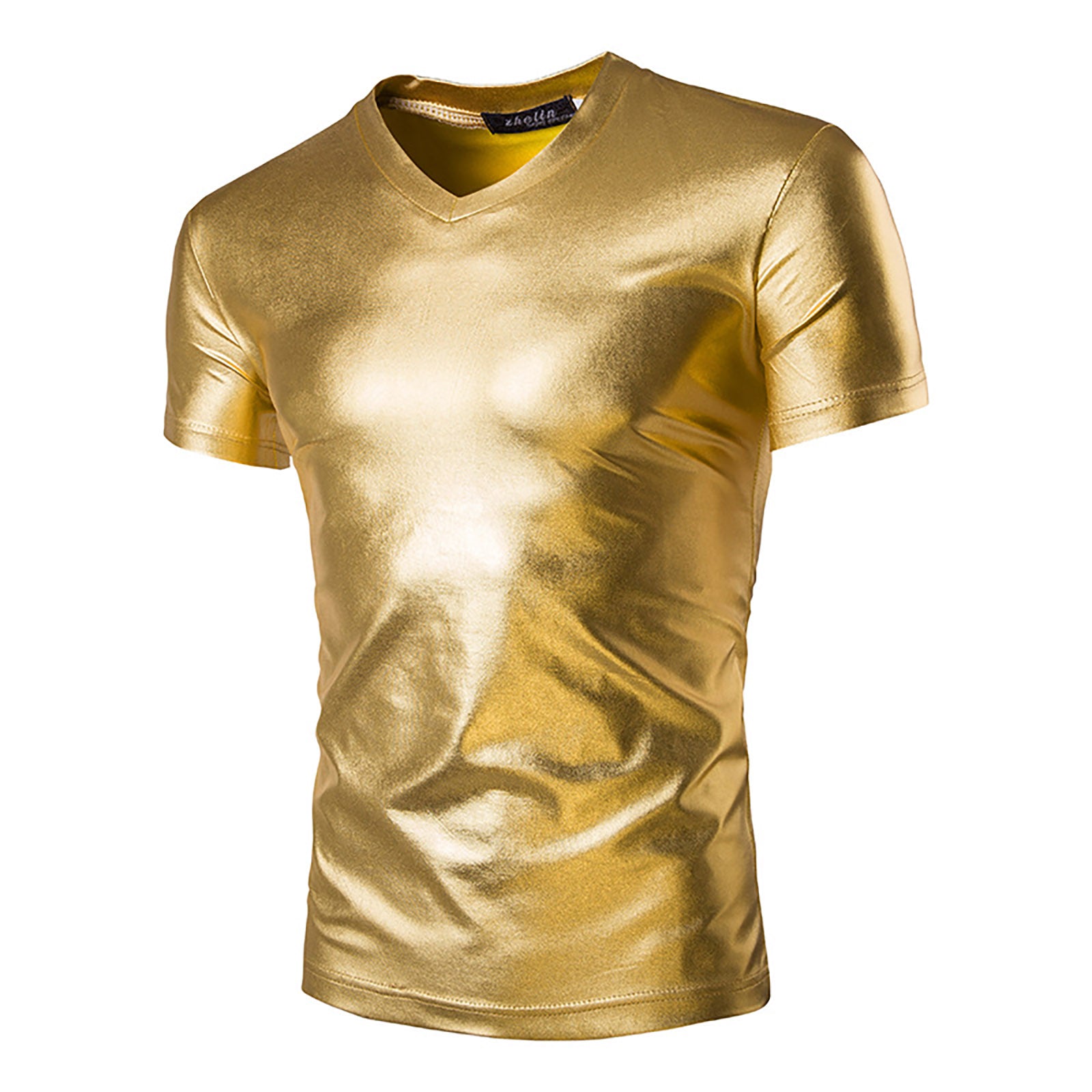 Shiny Metallic Solid V-Neck T-Shirt