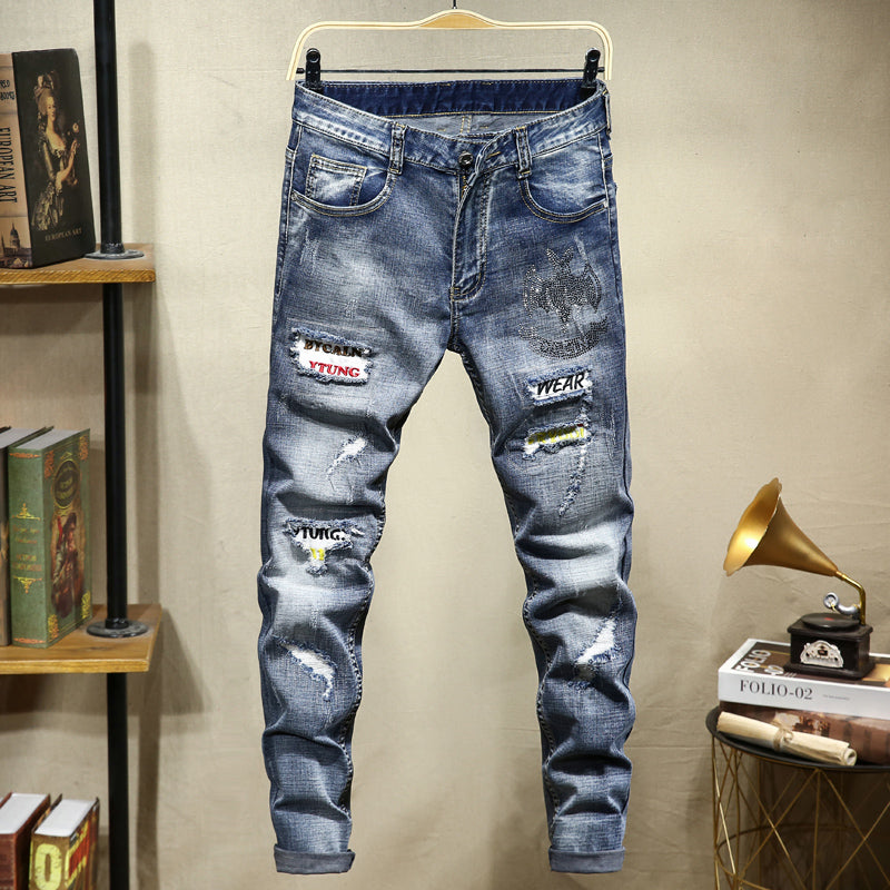 Motorcycle Style Printed Distressed Men Jeans