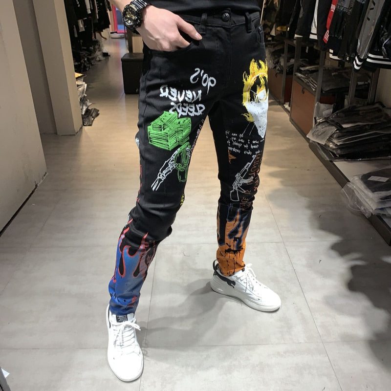 Black with Letters Flame Colored Painted Print Slim Straight Men Jeans