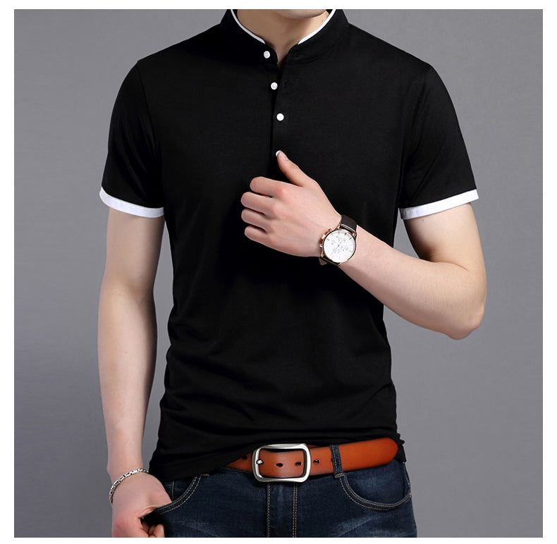 Layered Style Mandarin Stand Collared Polo Shirt